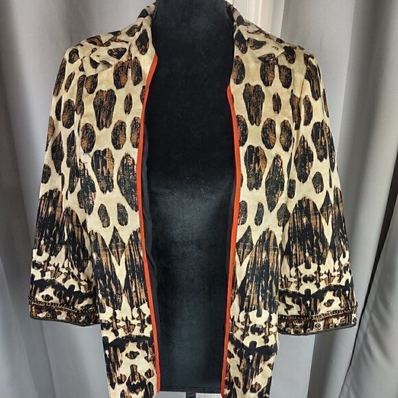 Chico's Brown Beaded Embellished Artisan Animal Print Open Jacket Size 1 Size M - Picture 1 of 15